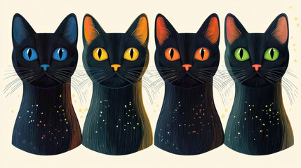 Naklejka na meble Black Cats Illustration,  Charming illustration featuring four black cats with colorful accents, ideal for cat enthusiasts and themed home decor
