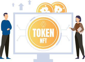 Poster - Boy and girl working on NFT tokens.