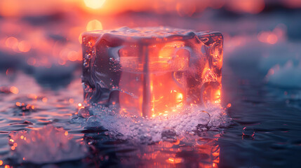 Wall Mural - A vibrant close-up of a metallic 3D object partially submerged in water, with light reflecting off its surface