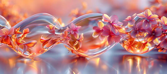 Wall Mural - A vibrant close-up of a metallic 3D object intertwined with delicate flowers under soft morning light