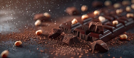 Dark and milk chocolate with nuts on a dark backdrop dusted with cocoa powder. Copy space image. Place for adding text and design