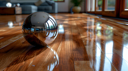 Wall Mural - A vibrant close-up of a polished wooden table with a metallic 3D object resting on its surface
