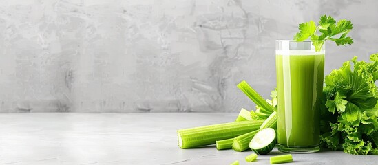 Poster - A glass of celery juice alongside fresh vegetables on a white table with text space available. Copy space image. Place for adding text and design