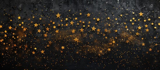 Wall Mural - Golden stars against a black background Top view. Copy space image. Place for adding text and design