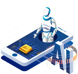 Poster - Artificial Intelligence concept with isometric illustration of humanoid robot and AI chip on smartphone screen.