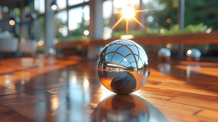 Wall Mural - A vibrant close-up of a polished wooden table with a metallic 3D object resting on its surface