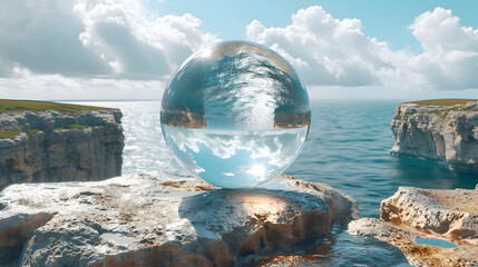 Wall Mural - A vibrant close-up of a rough stone surface with a reflective 3D object hovering just above
