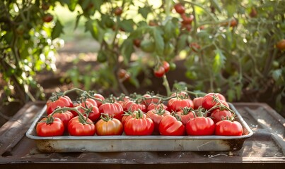 Poster - Delicious red tomatoes in Summer tray market agriculture farm full of organic. Fresh tomatoes, It can be used as background. 