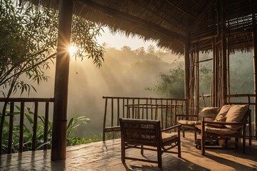 Wall Mural - Patio is made of old bamboo to sit and watch nature in the morning and evening with the sunset. And the sun rises with a thin mist making me feel immersed in the beauty and purity. mesmerizing