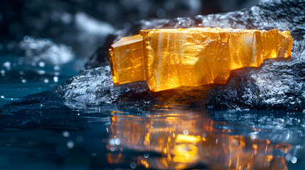 Wall Mural - A vibrant close-up of a rough stone surface with a reflective 3D object resting on its surface
