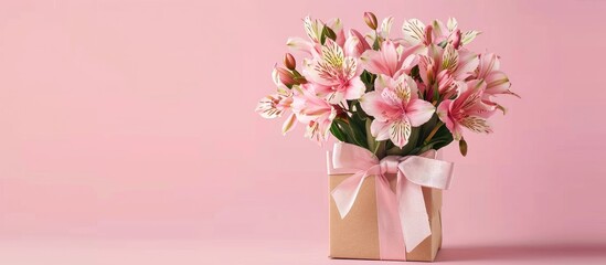 Wall Mural - Gift box and bouquet of pink alstroemeria against a pink background Copy space Holiday card