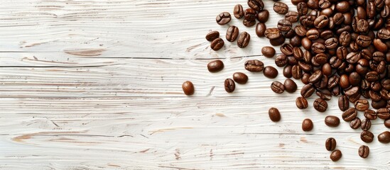 Natural coffee beans on a white wooden table Dark roasted beans for espresso Natural ingredient agriculture coffee shop backdrop idea. Copy space image. Place for adding text and design