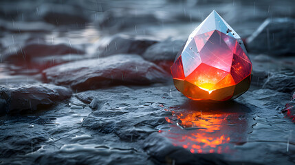 Wall Mural - A vibrant close-up of a rough stone surface with a reflective 3D object resting on its surface