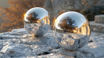 Wall Mural - A vibrant close-up of a rough stone surface with a reflective 3D object resting on its surface
