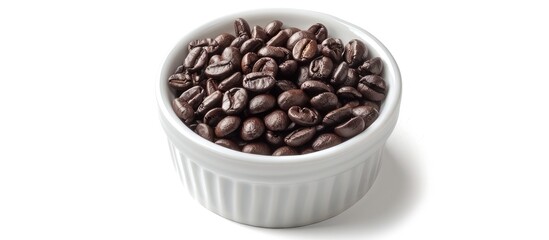 Canvas Print - Dark roasted coffee beans in a ceramic ramekin isolated on white Top view Close up. Copy space image. Place for adding text and design