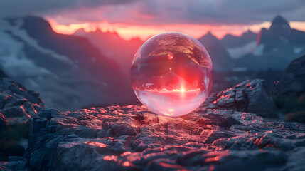 Wall Mural - A vibrant close-up of a rough stone surface with a reflective 3D object hovering just above