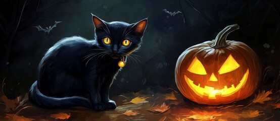 On a dark background, a haunting Halloween pumpkin and a gloomy leopard cub with glowing eyes