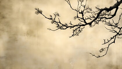 Wall Mural - Silhouette of a Branch with Blossoms on a Beige Background