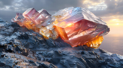 Wall Mural - A vibrant close-up of a rough stone surface with a reflective 3D object resting on its surface