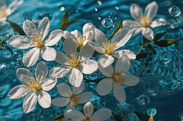 Wall Mural - White jasmine flowers in blue transparent water.