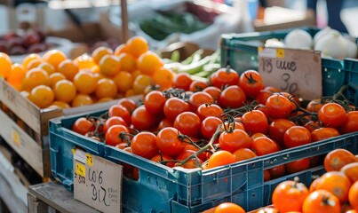 Canvas Print - Delicious red tomatoes in Summer tray market agriculture farm full of organic. Fresh tomatoes, It can be used as background. 