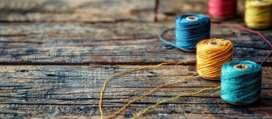 Sewing threads on a wooden surface selective focus with copy space Concept of tailoring