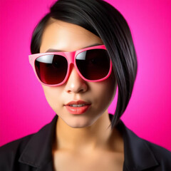 Young Asian woman with short black hair wearing pink sunglasses on bright pink background.