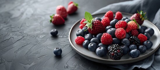 Sticker - a complete plate of fresh berries on the napkin. Copy space image. Place for adding text and design