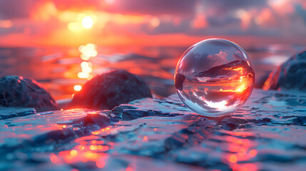 Wall Mural - A vibrant close-up of a rough stone surface with a reflective 3D object hovering just above