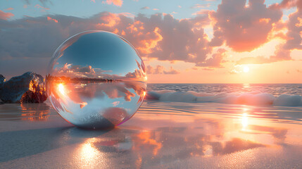 Wall Mural - A vibrant close-up of a smooth pebble on a beach with a reflective 3D object floating nearby