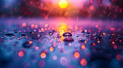 Wall Mural - A vibrant close-up of dewdrops on a glassy surface with a shadowy 3D object emerging in the background