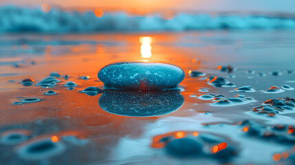 Wall Mural - A vibrant close-up of a smooth pebble on a beach with a reflective 3D object floating nearby