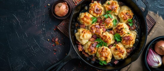 Sticker - Dumplings filled with meat onions and bacon on a cast iron skillet Selective focus Top view Copy space