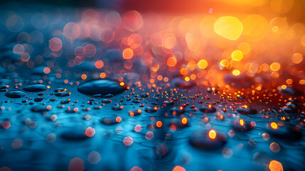 Wall Mural - A vibrant close-up of dewdrops on a glassy surface with a shadowy 3D object emerging in the background