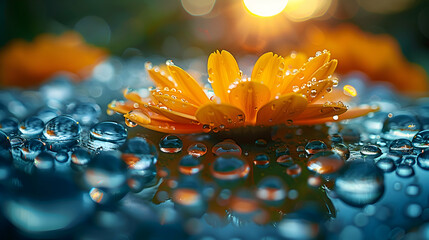 Wall Mural - A vibrant close-up of dewdrops on a glassy surface with a shadowy 3D object emerging in the background