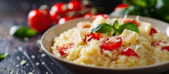 Canvas Print - Image of risotto with tomatoes and cheese. Copy space image. Place for adding text and design