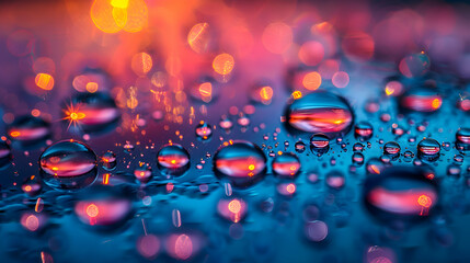 Wall Mural - A vibrant close-up of dewdrops on a glassy surface with a shadowy 3D object emerging in the background, illuminated by soft morning light