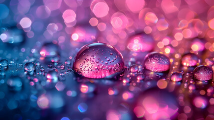 Wall Mural - A vibrant close-up of dewdrops on a glassy surface with a shadowy 3D object emerging in the background, illuminated by soft morning light