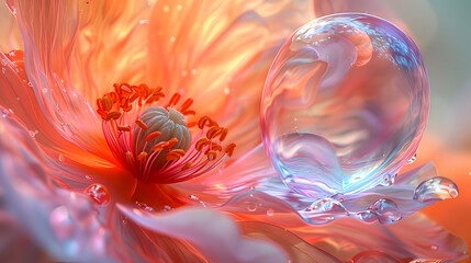 Wall Mural - A vibrant macro shot of a blooming flower with a translucent 3D object floating nearby