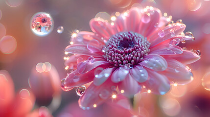 Wall Mural - A vibrant macro shot of a blooming flower with a translucent 3D object floating nearby