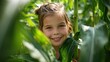 © EUT - A smiling girl peeks out from behind tall corn stalks. The photo captures the joy of childhood and the beauty of nature.