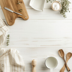 wood table top view empty in center with kitchen props around clean and modern 