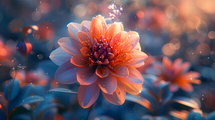 Wall Mural - A vibrant macro shot of a blooming flower with a transparent 3D object floating just above, under soft sunlight