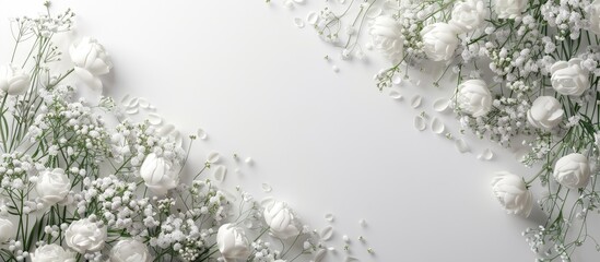 Sticker - Fresh white gypsophila and peonies on a white background Wedding date An invitation to a celebration Congratulations An empty area for text Top view. Copy space image