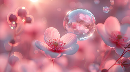 Wall Mural - A vibrant macro shot of a blooming flower with a transparent 3D object floating just above, under soft sunlight