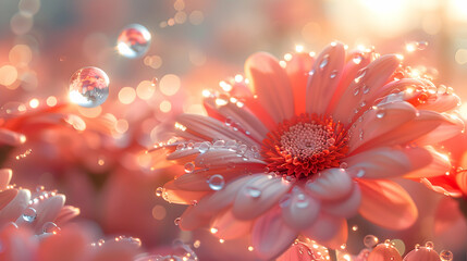 Wall Mural - A vibrant macro shot of a blooming flower with a transparent 3D object floating just above, under soft sunlight