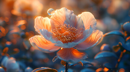 A vibrant macro shot of a blooming flower with a transparent 3D object floating just above, under soft sunlight