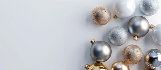 Canvas Print - New Year s Eve balls Christmas decorations isolated on a white background Holiday celebration pattern Flat lay design Copy space