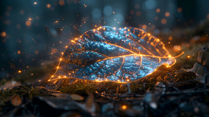 Wall Mural - A vibrant macro shot of a leaf with a 3D holographic shape hovering just above its surface