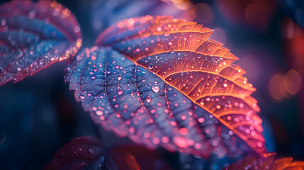 Wall Mural - A vibrant macro shot of a leaf with a 3D holographic shape hovering just above its surface